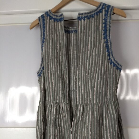 Voloshin Striped Embroidered Detail Shift Midi Dress Linen Cotton Blend Sz Large - Picture 8 of 15